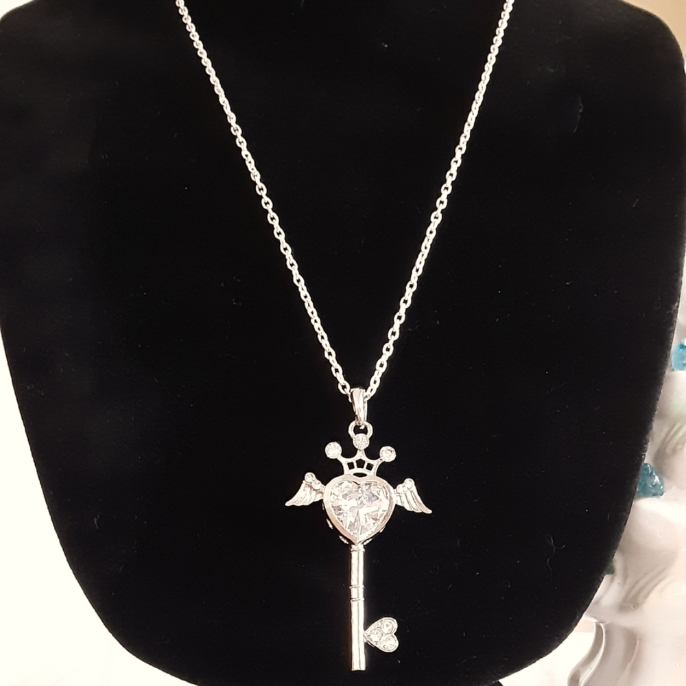 Hand Crafted Key Necklace  Steampunk,Victorian, Silvertone Rhinestones